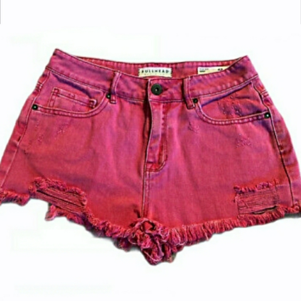 BULLHEAD Distressed High Waist Denim Shorts sz 00 / XXS Red Burgandy - Picture 6 of 6